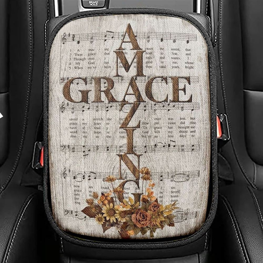 Amazing Grace Song Vintage Flower Jesus Cross Car Center Console Cover, Christian Armrest Seat Cover, Bible Seat Box Cover