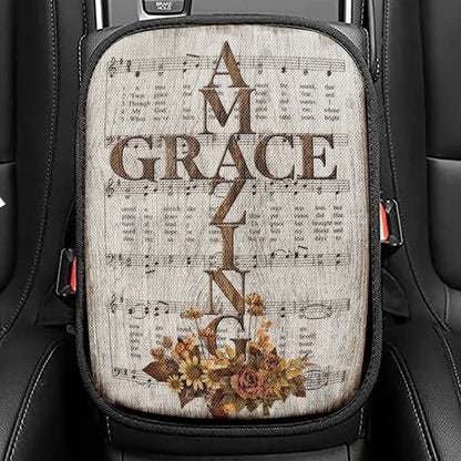 Amazing Grace Song Vintage Flower Jesus Cross Car Center Console Cover, Christian Armrest Seat Cover, Bible Seat Box Cover