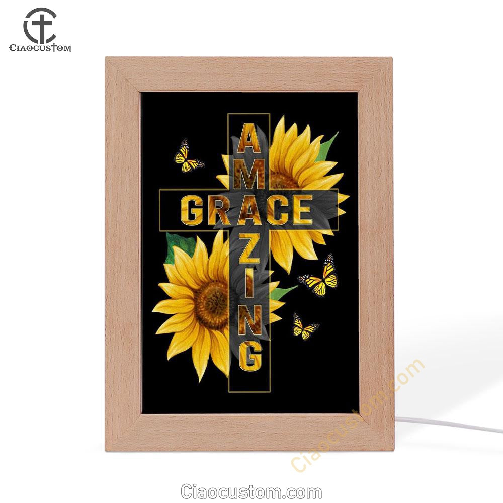 Amazing Grace Sunflower Frame Lamp Prints - Bible Verse Wooden Lamp - Scripture Night Light