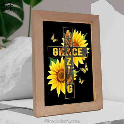 Amazing Grace Sunflower Frame Lamp Prints - Bible Verse Wooden Lamp - Scripture Night Light