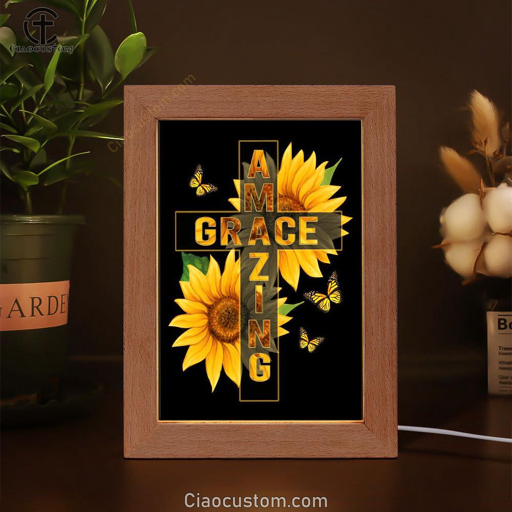 Amazing Grace Sunflower Frame Lamp Prints - Bible Verse Wooden Lamp - Scripture Night Light