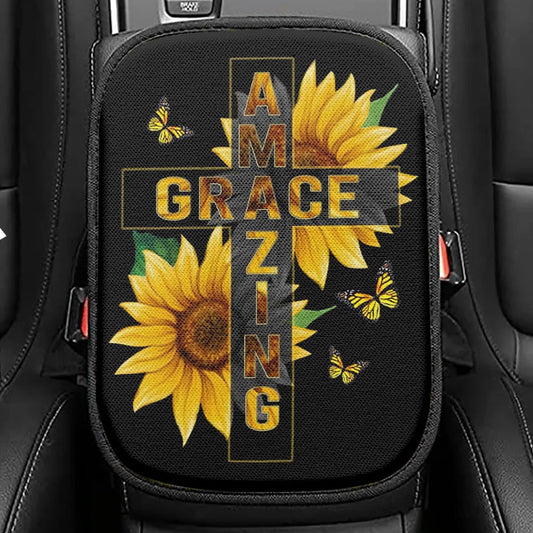 Amazing Grace Sunflower Seat Box Cover, Bible Verse Car Center Console Cover, Scripture Car Interior Accessories