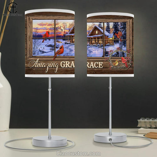 Amazing Grace Table Lamp For Bedroom - Cardinal Birds - Christian Christmas Room Decor - Christian Room Decor