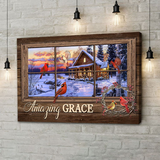 Amazing Grace Wall Art Canvas, Cardinal Birds, Christian Christmas Wall Decor - Religious Wall Decor