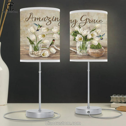 Amazing Grace White Tulip Table Lamp Prints - Religious Table Lamp Art - Christian Home Decor