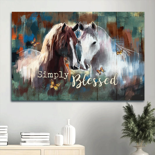 Amazing Horse Painting Watercolor Drawing Monarch Butterfly Simply Blessed Canvas Wall Art - Christian Wall Decor
