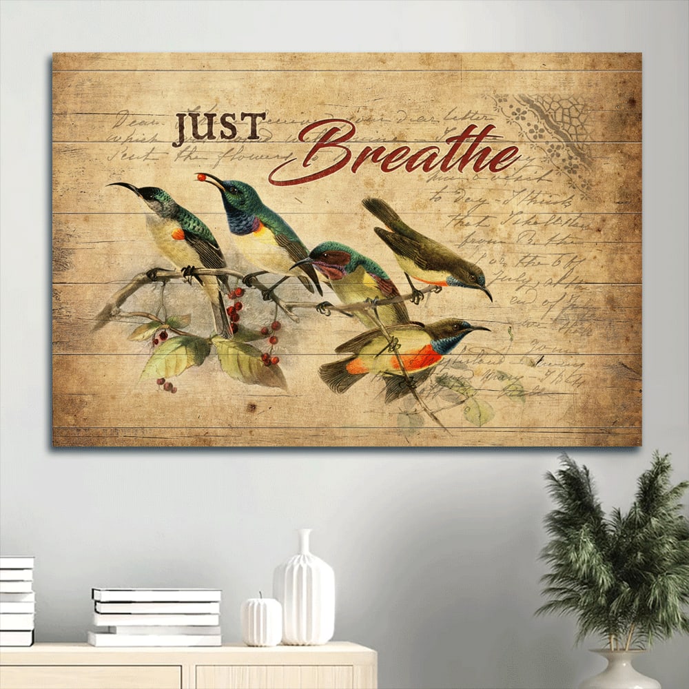 Amazing Hummingbird Cranberry Tree Just Breathe Canvas Wall Art - Christian Wall Decor