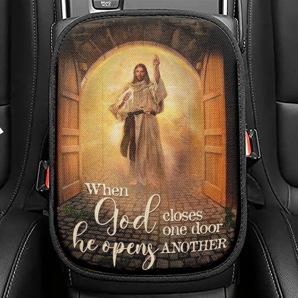 Amazing Jesus Painting, Infinite Halo, When God Closes One Door Car Center Console Cover, Christian Armrest Seat Cover, Bible Seat Box Cover