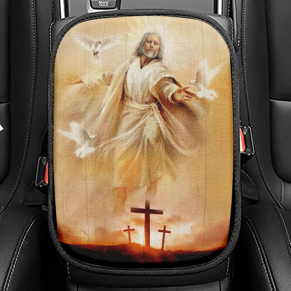 Amazing Jesus Painting, Pretty Dove Drawing, Orange Sunset Car Center Console Cover, Christian Armrest Seat Cover, Bible Seat Box Cover