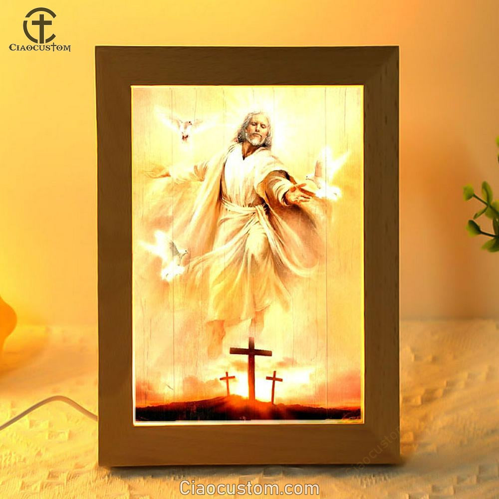 Amazing Jesus Painting, Pretty Dove Drawing, Orange Sunset Frame Lamp