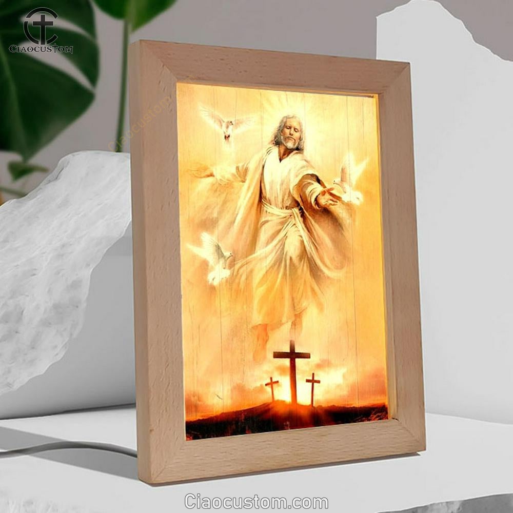 Amazing Jesus Painting, Pretty Dove Drawing, Orange Sunset Frame Lamp