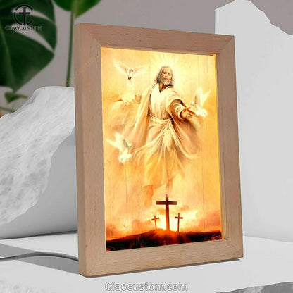 Amazing Jesus Painting, Pretty Dove Drawing, Orange Sunset Frame Lamp