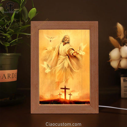 Amazing Jesus Painting, Pretty Dove Drawing, Orange Sunset Frame Lamp