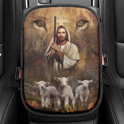 Amazing Jesus Painting White Lamb Lion's Eyes Walking With Jesus Car Center Console Cover, Christian Armrest Seat Cover, Bible Seat Box Cover