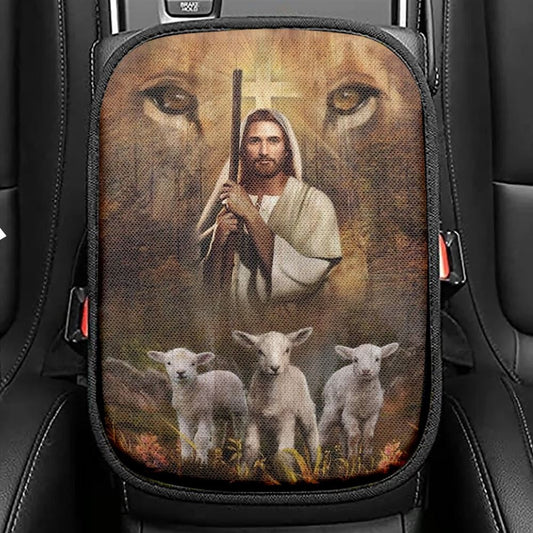 Amazing Jesus Painting White Lamb Lion's Eyes Walking With Jesus Car Center Console Cover, Christian Armrest Seat Cover, Bible Seat Box Cover