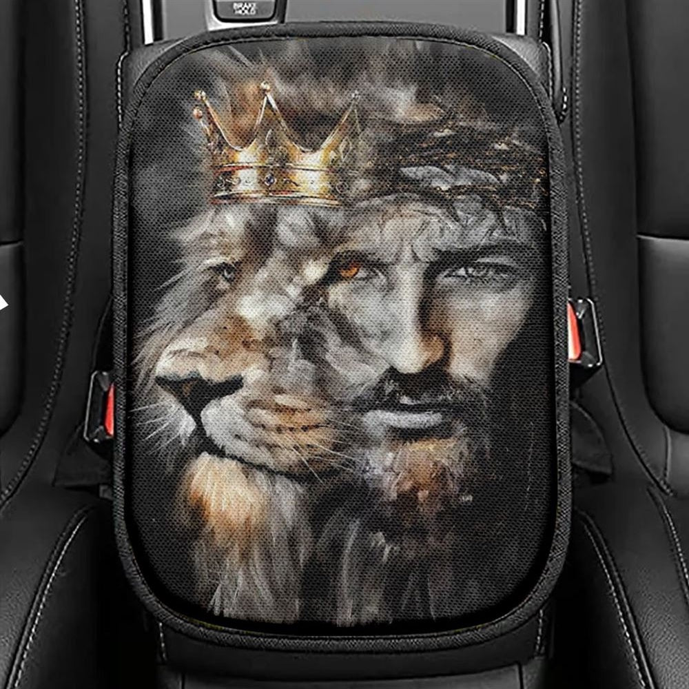 Amazing Lion Of Judah Jesus Painting Unique Crown Car Center Console Cover, Christian Armrest Seat Cover, Bible Seat Box Cover