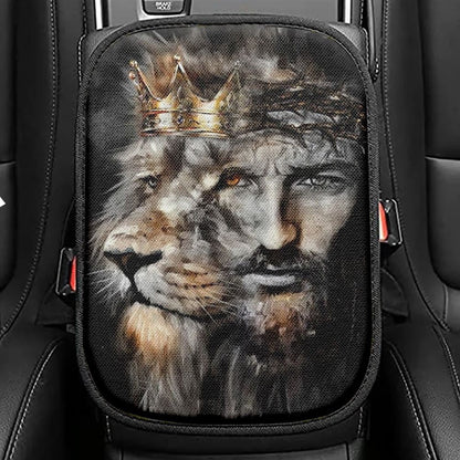 Amazing Lion Of Judah Jesus Painting Unique Crown Car Center Console Cover, Christian Armrest Seat Cover, Bible Seat Box Cover