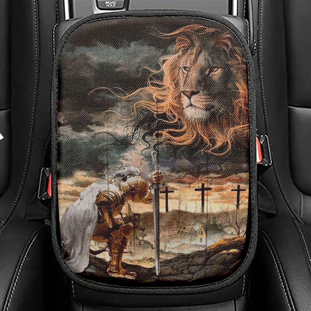 Amazing Lion, Stunning Sky, Warrior Painting, Lion Of Judah Car Center Console Cover, Christian Armrest Seat Cover, Bible Seat Box Cover