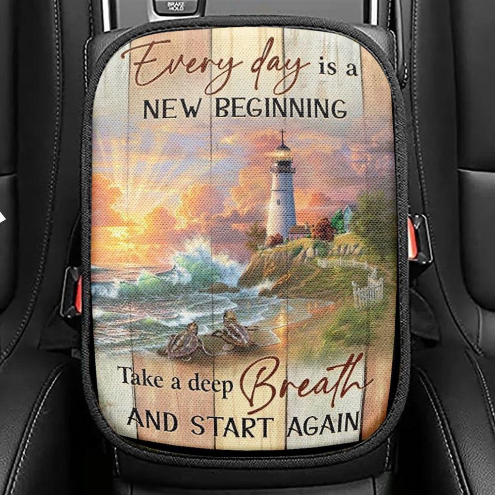 Amazing Sunset, Lighthouse, Every Day Is New Beginning Car Center Console Cover, Christian Armrest Seat Cover, Bible Seat Box Cover