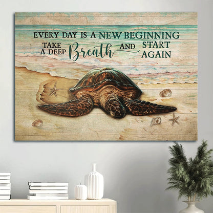 Amazing Turtle Drawing Beach Painting Every Day Is A New Beginning Canvas Wall Art - Christian Wall Decor