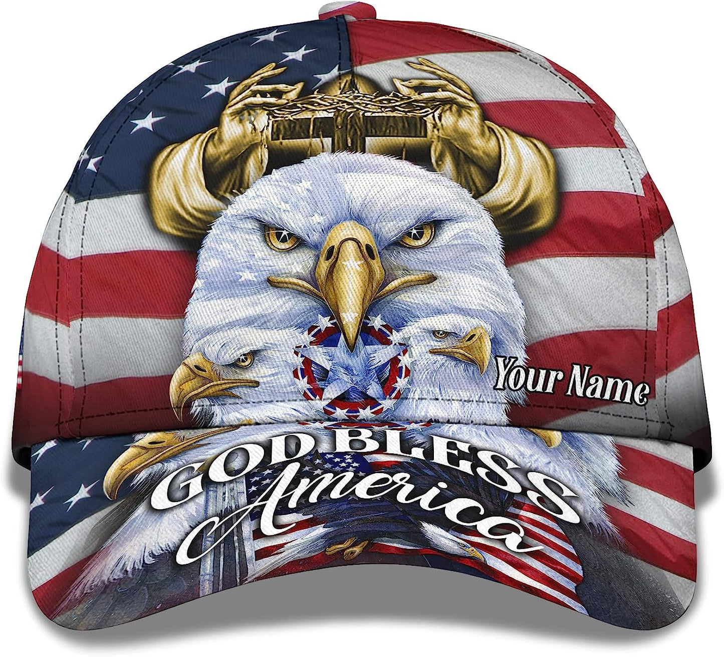 America Eagle Bird With Usa Flag God Bless America Custom Name All Over Print Baseball Cap - Christian Hats For Men Women