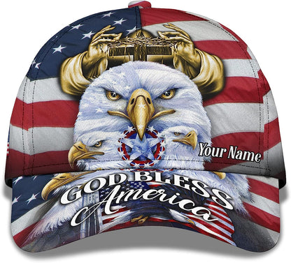 America Eagle Bird With Usa Flag God Bless America Custom Name All Over Print Baseball Cap - Christian Hats For Men Women