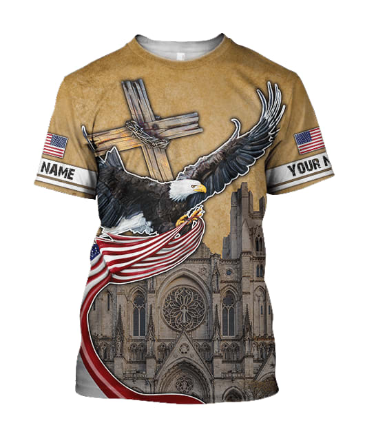 American Eagle Flag US Cathedral Customized Shirt - Christian 3d Shirts For Men Women - Custom Name T-Shirt