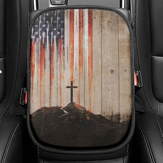 American Flag Cross Seat Box Cover, Christian Car Center Console Cover, Religious Car Interior Accessories