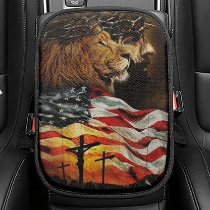 American Flag Jesus Christ The Lion Of Judah Car Center Console Cover, Christian Armrest Seat Cover, Bible Seat Box Cover
