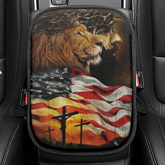 American Flag Jesus Christ The Lion Of Judah Car Center Console Cover, Christian Armrest Seat Cover, Bible Seat Box Cover