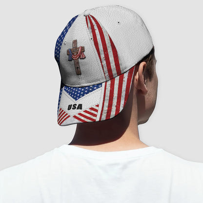 American Flag On Cross God Bless America All Over Print Baseball Cap - Christian Hats For Men Women