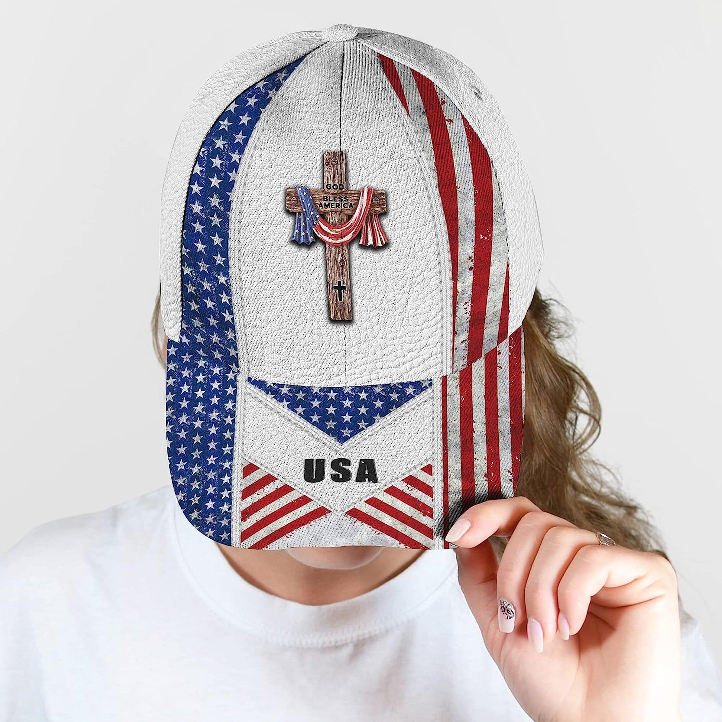 American Flag On Cross God Bless America All Over Print Baseball Cap - Christian Hats For Men Women