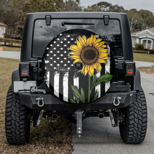 American Flag Sunflower Camping Truck Tire Cover - Christian Tire Cover