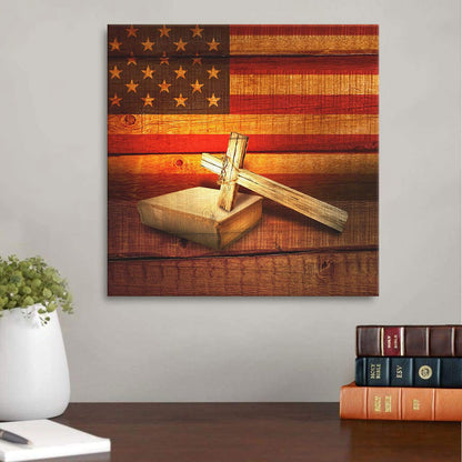 American Flag Wall Art Cross On Bible Christian Canvas Print - Christian Wall Art