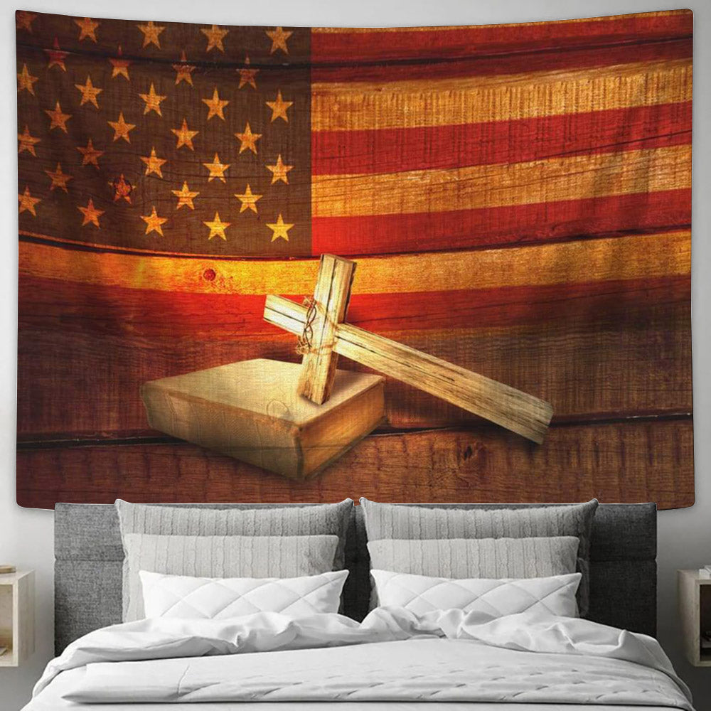 American Flag Wall Art Cross On Bible Christian Tapestry - Religious Tapestry - Christian Wall Tapestry