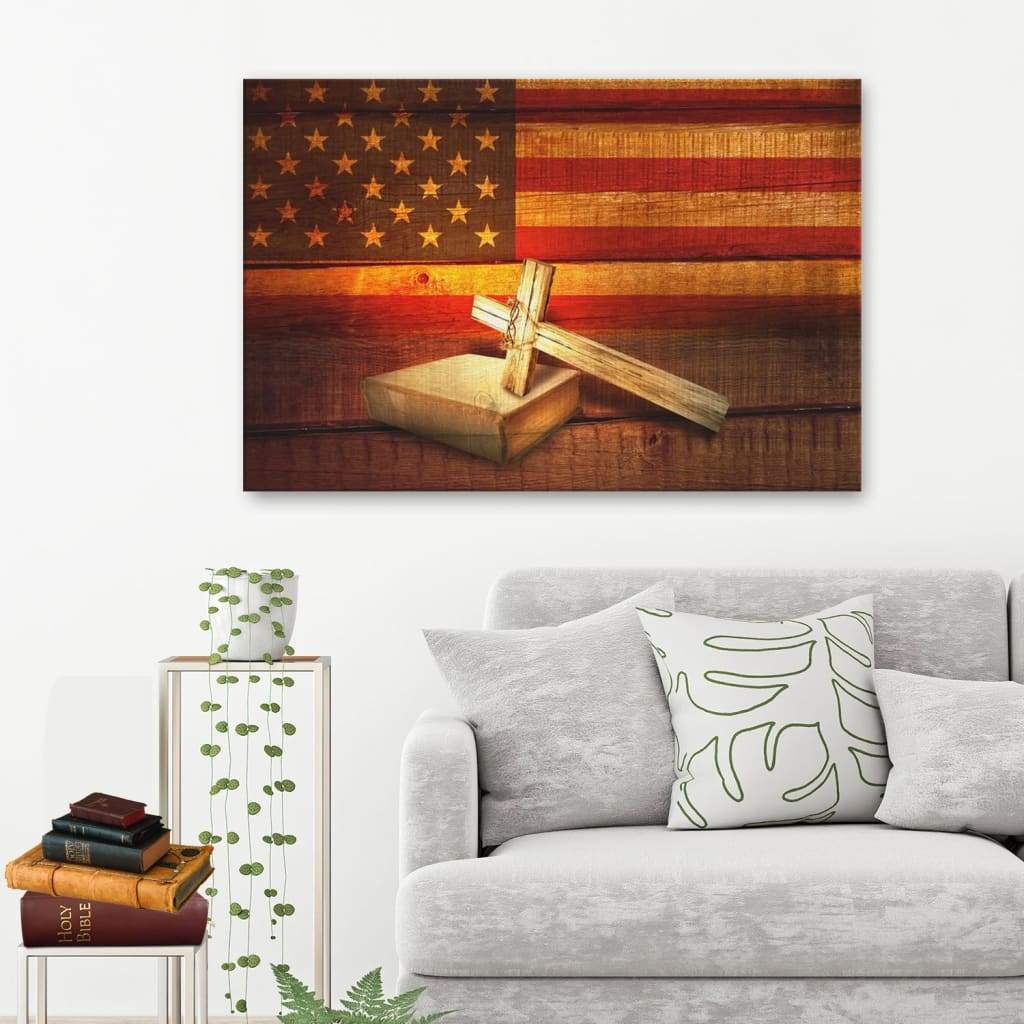 American Flag With Cross Holy Bible Canvas Print - Christian Wall Art - Religious Wall Decor