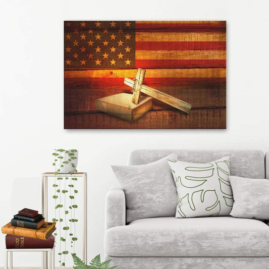 American Flag With Cross Holy Bible Canvas Print - Christian Wall Art - Religious Wall Decor
