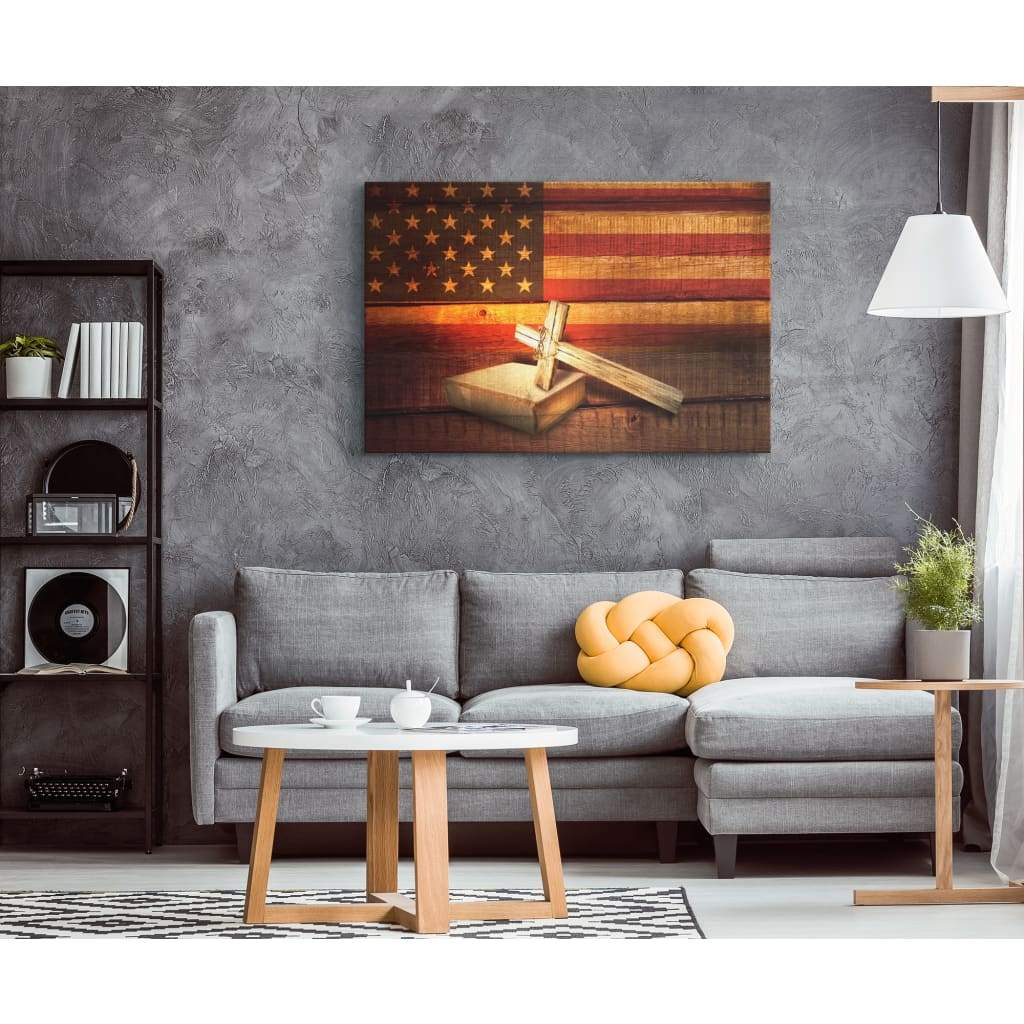 American Flag With Cross Holy Bible Canvas Print - Christian Wall Art - Religious Wall Decor
