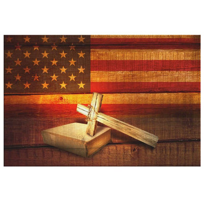 American Flag With Cross Holy Bible Canvas Print - Christian Wall Art - Religious Wall Decor