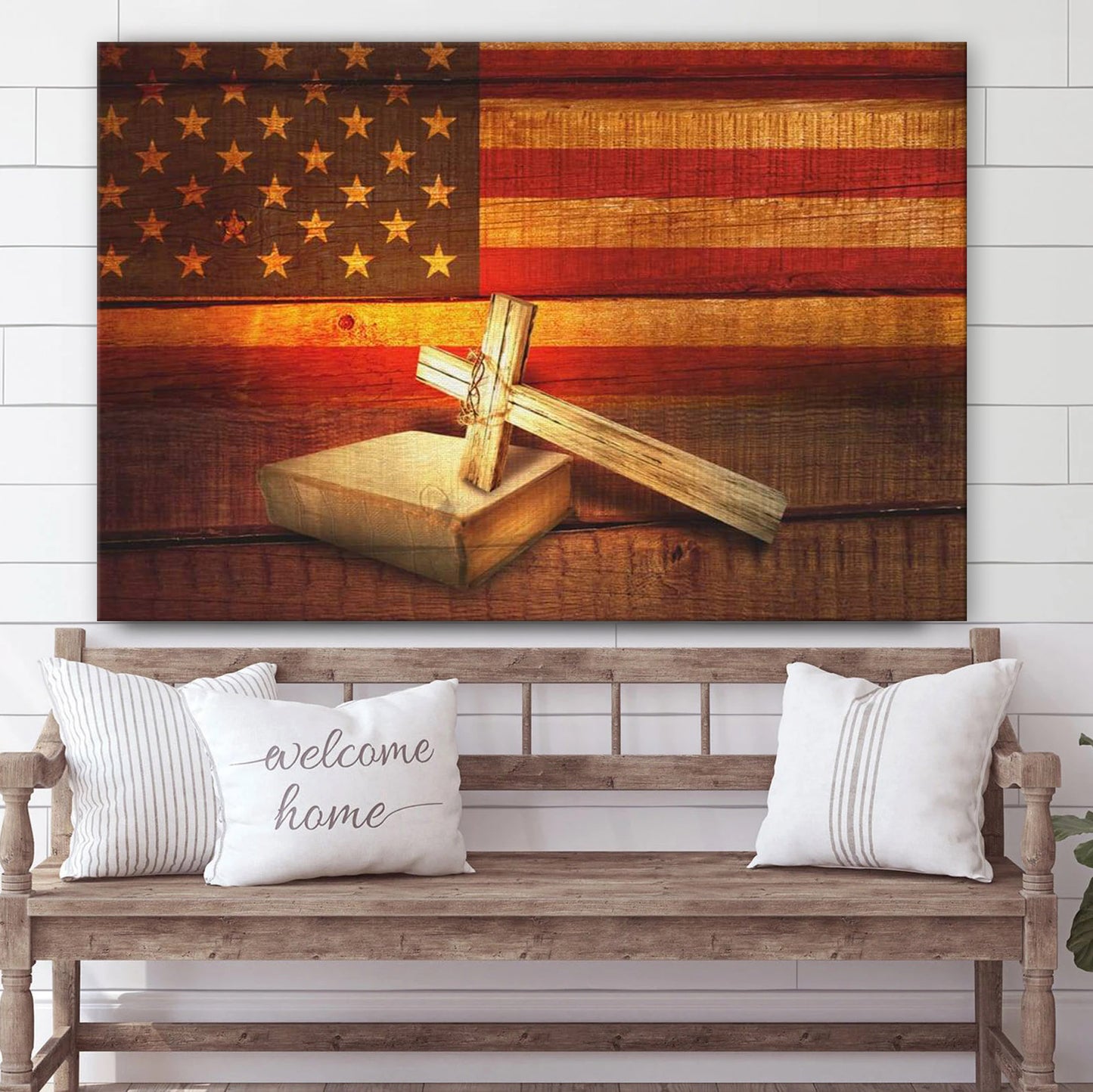 American Flag With Cross Holy Bible Canvas Print Christian Wall Art - Religious Posters