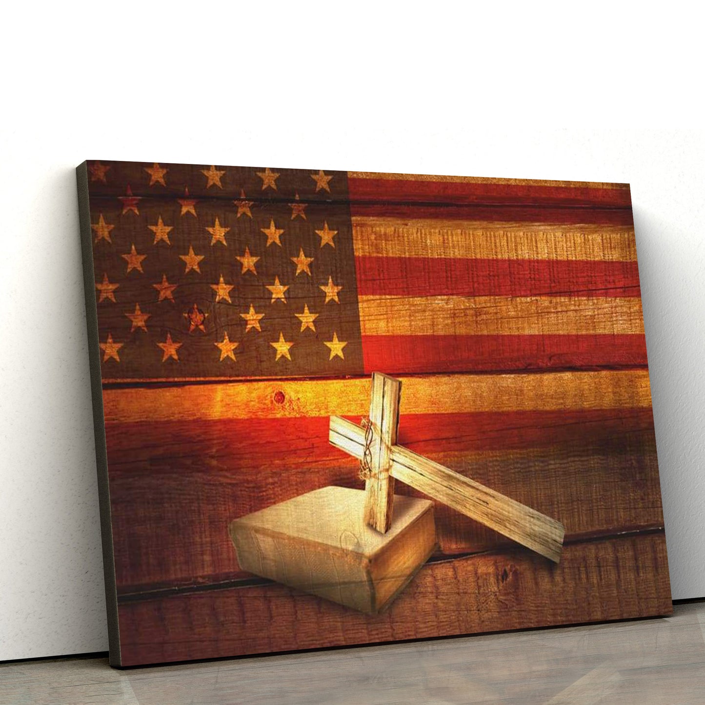 American Flag With Cross Holy Bible Canvas Print Christian Wall Art - Religious Posters