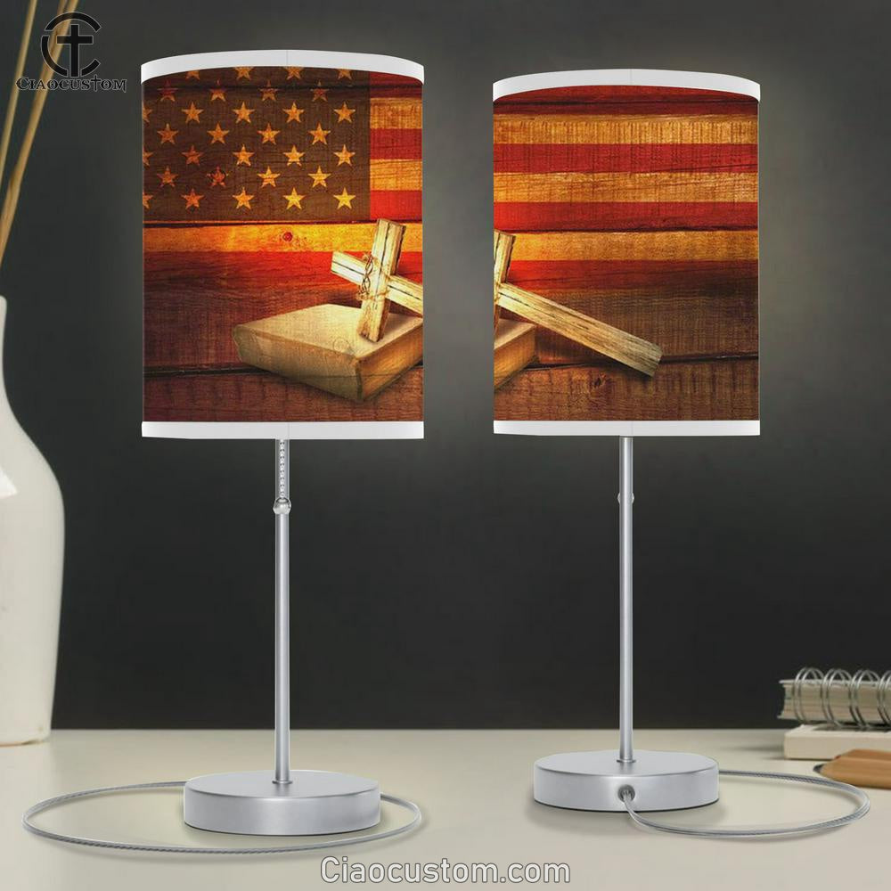 American Flag With Cross Holy Bible Table Lamp Print - Christian Lamp Art - Christian Room Decor