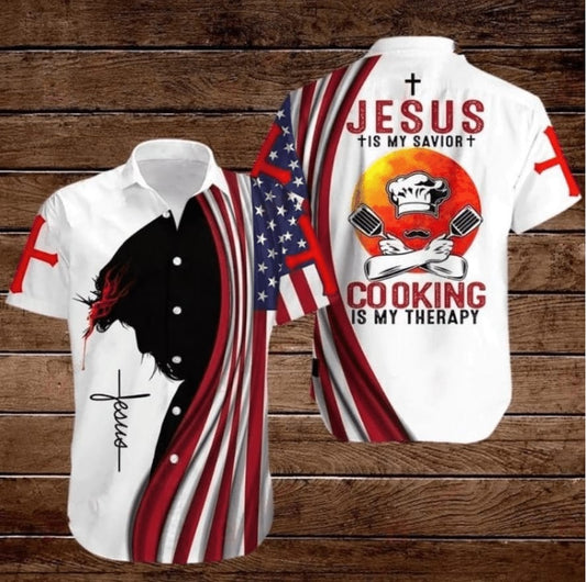 American Flags Cross Jesus Is My Savior Cooking Is My Therapy Hawaiian Shirt - Christian Hawaiian Shirts For Men & Women
