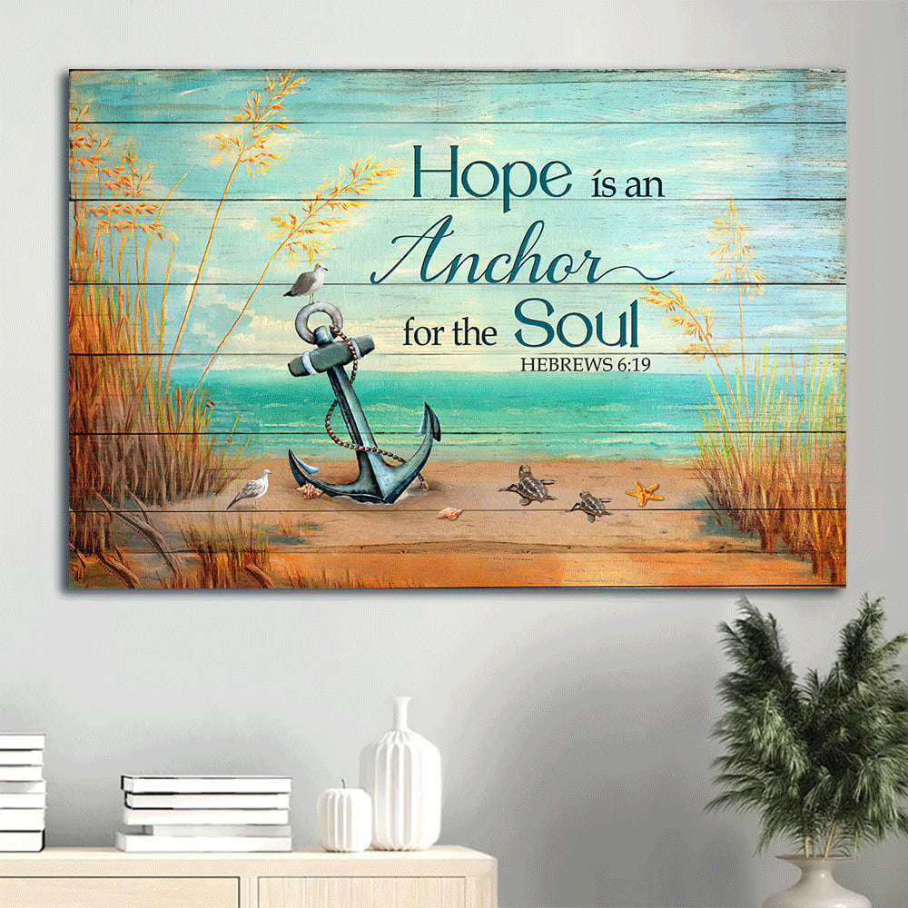 Anchor Drawing Blue Ocean Rice Field Hope Is An Anchor For The Soul Canvas Wall Art - Christian Wall Decor