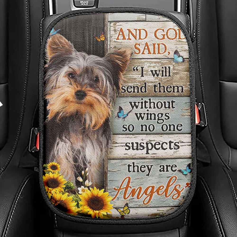 And God Saidy Little Yorkshire Terrier Sunflower Butterfly Seat Box Cover, Bible Verse Car Center Console Cover, Christian Car Interior Accessories