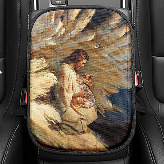 Angel Wings Little Yorkshire Terrier Jesus Painting Seat Box Cover, Christian Car Center Console Cover, Bible Verse Car Interior Accessories