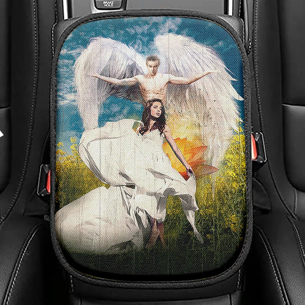 Angel Wings Lotus Flower Jesus Painting Seat Box Cover, Christian Car Center Console Cover, Bible Verse Car Interior Accessories