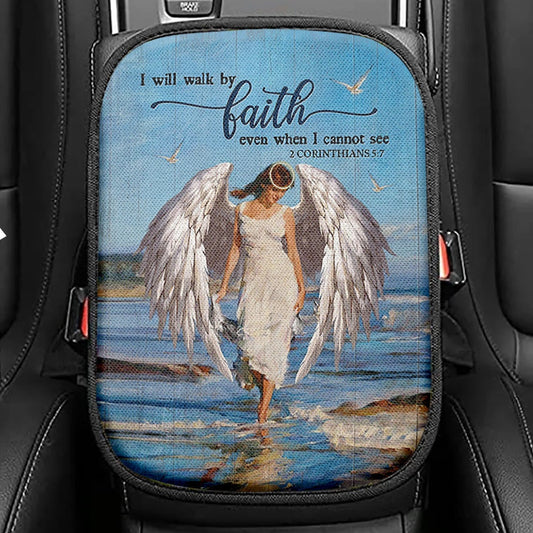 Angel Wings Ocean I Will Walk By Faith Seat Box Cover, Christian Car Center Console Cover, Bible Verse Car Interior Accessories