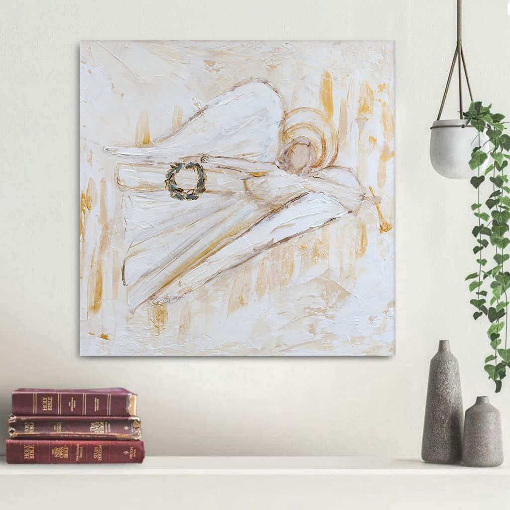 Angel with Wreath Paper Print - Christian Art Gift - Religious Canvas Painting