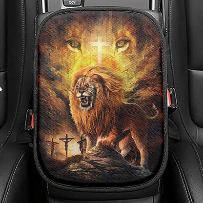 Angry Lion Of Judah Jesus On The Cross Seat Box Cover, Christian Car Center Console Cover, Bible Verse Car Interior Accessories